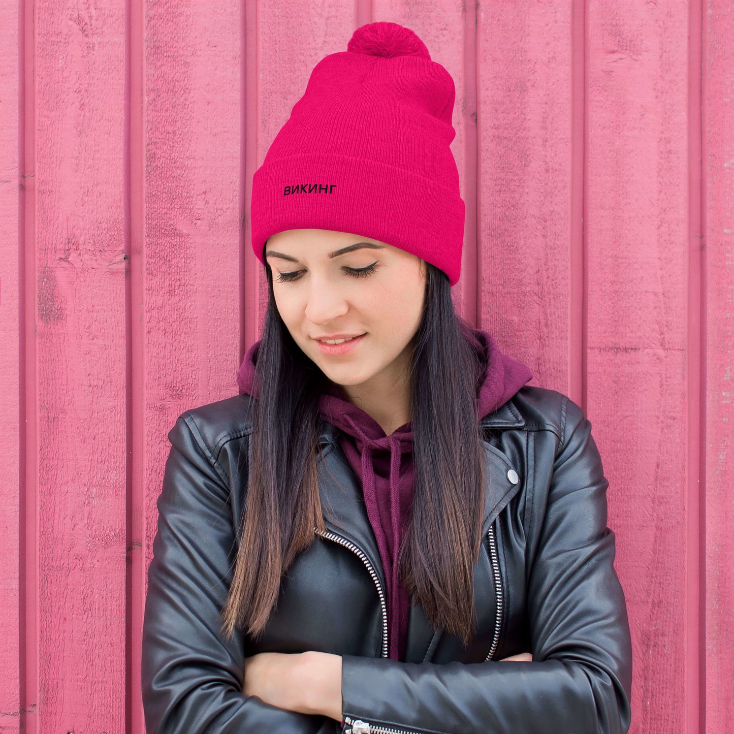 ВИКИНГ Unisex Black Logo Pom-Pom Beanie